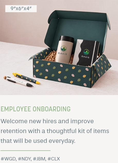 Employee onboarding kit in a 9"x6"x4" box: welcome new hires and improve retention with a thoughtful kit of items that will be used everyday. #WGD, #NDY, #JBM, #CLX