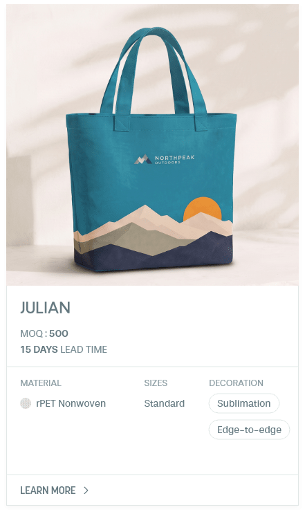 Julian. MOQ : 500. 15 Days LEad Time | As low as $ 0.65. Material: rPET Nonwoven. Sizes: Standard. Decoration: Sublimation, Edge-to-edge.